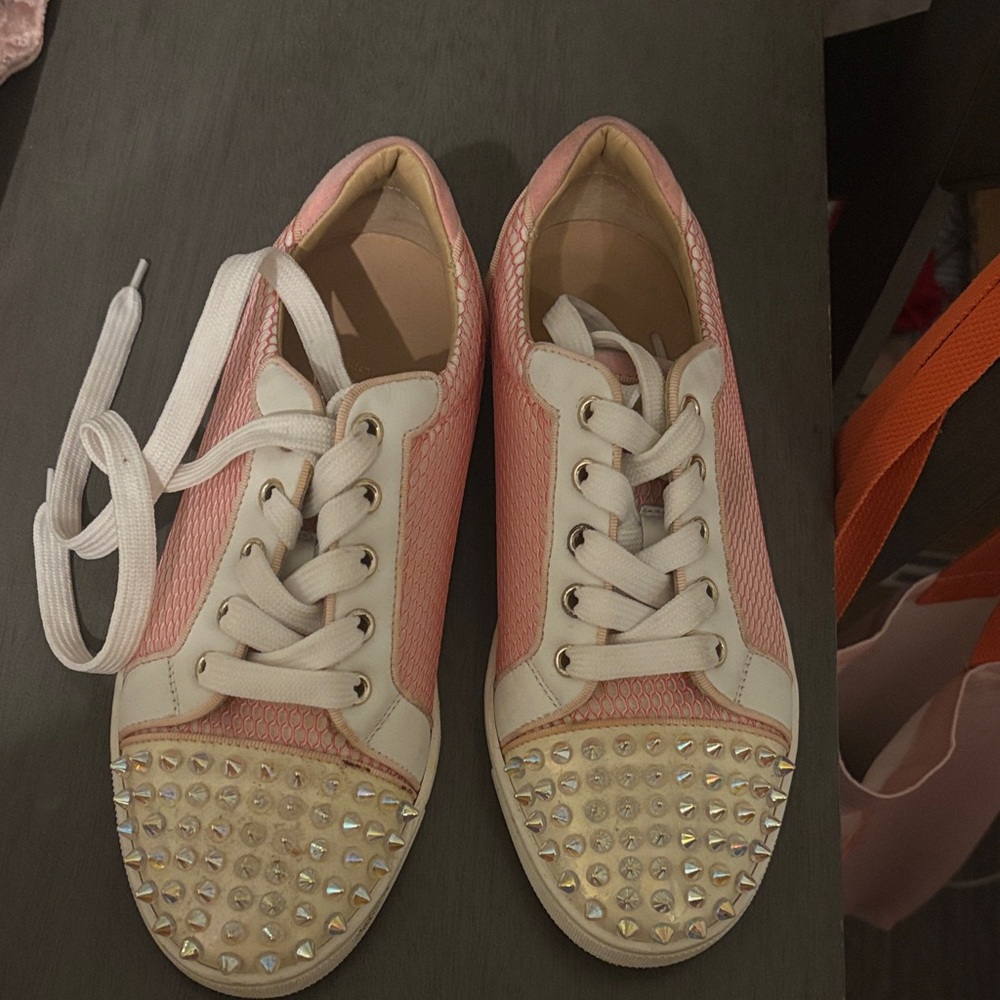 Christian Louboutin Pink and Cream Studded Sneakers